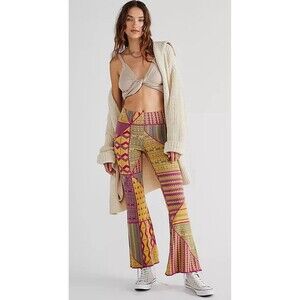 Free People Kaleidoscope Sweater Flare Pants Knit Mix Print‎ Purple Yellow XS